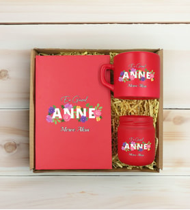 BK Gift Kişiye Özel İsimli DTF Anne Temalı Kırmızı Defter & Kahve Fincanı & Mum Hediye Seti-3, Anneye Hediye, Anneler Günü Hediyesi
