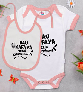 BK Kids Hau Kafaya Tasarımlı Pembe Bebek Body Zıbın ve Mama Önlüğü Hediye Seti-1