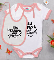 BK Kids Hau Kafaya Tasarımlı Pembe Bebek Body Zıbın ve Mama Önlüğü Hediye Seti-1