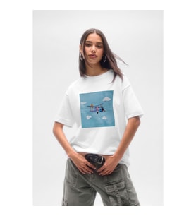Kadın Bisiklet Yaka %100 Pamuk Helikopter Baskılı Kısa Kollu T-Shirt