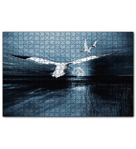 Cakapuzzle Gece Ay Göl Balıkçı Kuşları Puzzle Yapboz MDF (Ahşap) (120 Parça)