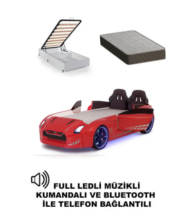 Kırmızı Arabalı Yatak Kapıları Açılan GTR Full Ledli Kumandalı ve Müzikli + Baza+ Ortopedik Yatak