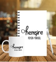 Kişiye Özel Hemşire Tasarımlı Ahşap Defter Kalem & Kupa Hediye Seti
