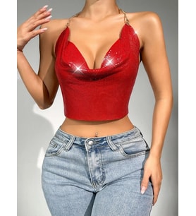 Giyim Parlak Kırmızı Crop & Bluz Kolsuz Kayık Yaka Zırh Büstiyer
