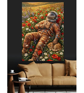 Çiçek Tarlasında Yatan Renkli Astronot Dekoratif Kanvas - Mdf Ahşap Tablo