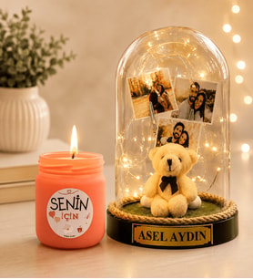 Kişiye Özel Yazılı 3 Fotoğraflı LED Işıklı Fanus (peluş ayıcıklı) ve Cam Kokulu Mum Hediye Seti