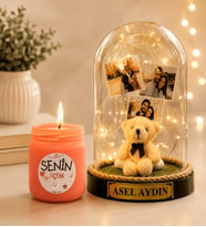 Kişiye Özel Yazılı 3 Fotoğraflı LED Işıklı Fanus (peluş ayıcıklı) ve Cam Kokulu Mum Hediye Seti