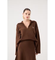 Oversize Kesim Polo Yaka Zoi Triko Kazak Beyaz (KAHVE)