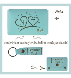 Turkuaz, Sevgilinize En Romantik Sürpriz! Harf ve Kalp Motifli İsme Özel Cüzdan ve Anahtarlık Seti