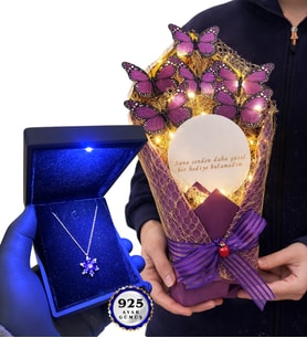 Işıklı Premium Kutusunda 925 Ayar Gümüş Kolye ve Led Işıklı Aynalı Kelebek Buketi (Model 7)
