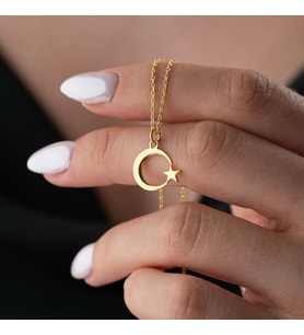 Kişiye Özel 925 Ayar Gümüş Şık Ay Yıldız Kolye (Gold)