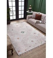 Ekru Vintage Stil Geometrik Desenli Salon Halısı Yıkanabilir Kaymaz Tabanlı Modern Dokunuş