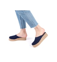 Gerçek Elişi Platformlu Burnu Kapalı Elişi Hasır Keten 5cm Topuk Sabo Terlik Handmade (Lacivert)