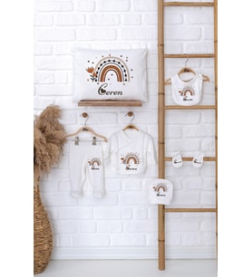 Pia Baby Premium %100 Pamuk İsme Özel Kız Bebek Hediye Seti Zıbın Yastık Kılıfı 5033-06 (Ekru)