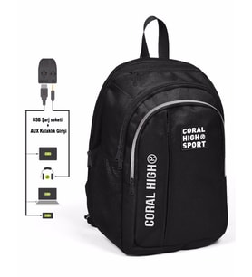 Coral High Sport Beş Gözlü Siyah Okul ve Günlük Sırt Çantası - Laptop+Tablet Bölmeli