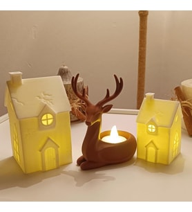 Kış Evleri Geyik Mumluk Noel Yılbaşı Süsü Dekoratif Biblo Tealight Mumluk Seti Mumlar Dahildir