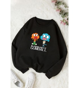 Unisex Gumball Baskılı Bisiklet Yaka Sweatshirt (Siyah)