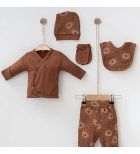 Unisex Bebek Organik Fitilli Kumaş Hediyelik Yenidoğan Hastane Çıkışı 5 Parça Koyu Kahve Zıbın Seti
