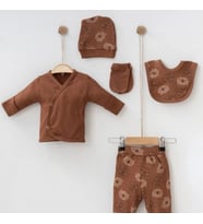 Unisex Bebek Organik Fitilli Kumaş Hediyelik Yenidoğan Hastane Çıkışı 5 Parça Koyu Kahve Zıbın Seti