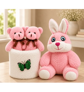 Pembe Peluş Tavşan ve Peluş Saksıda Ayıcıklar Buketi Sevgiliye Kadına Arkadaşa Hediye