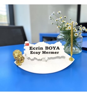 Sümen Ofis Doğal Beyaz Mermer İsimlik Haritalı Gold Tek Kalem ve Aslan Biblosu