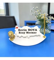 Sümen Ofis Doğal Beyaz Mermer İsimlik Haritalı Gold Tek Kalem ve Aslan Biblosu