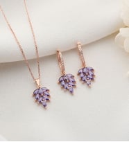 925 Ayar Gümüş Yaprak Model Kolye Küpe Takı Seti (Rose)