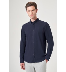 Lacivert Biritli Yaka Uzun Kol Cepsiz Slim Fit Pamuklu Gömlek 1004260207