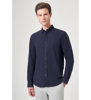 Lacivert Biritli Yaka Uzun Kol Cepsiz Slim Fit Pamuklu Gömlek 1004260207