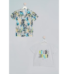 2!li Sarı Mavi Baskılı Gömlek Tshirt Takım