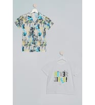 2!li Sarı Mavi Baskılı Gömlek Tshirt Takım