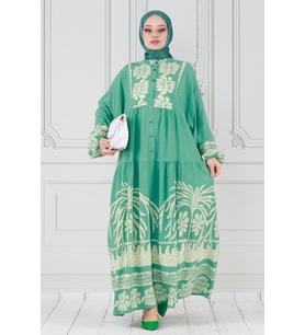 Yarasa Kol Karışık Desen Viscon Elbise-Mint Yeşili