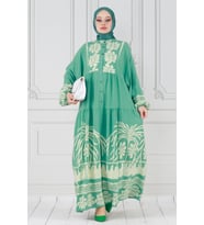 Yarasa Kol Karışık Desen Viscon Elbise-Mint Yeşili