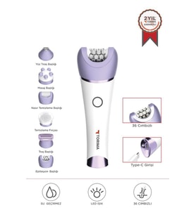 Torima TEP-02 Beyaz 6 Başlıklı Yüz+Koltuk Altı+Bikini Bölgesi+Bacak Islak Ve Kuru Kablosuz Epilatör