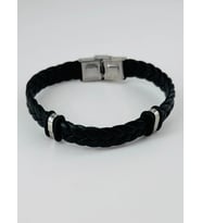 Siyah Deri / Çelik Erkek Deri Bileklik 20 Cm - Ebl0045