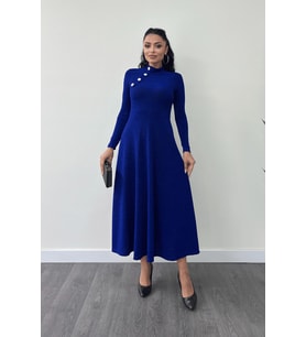 Pırıltılı Krep Kumaş Düğme Detaylı Midi Elbise - SAKS MAVİ (Saks Mavisi)