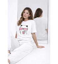Sevgili Kombini Panda Bardak Baskılı Çift Tişört Oversize Unisex Partner Kombin Çift Seti Hediye (Beyaz)