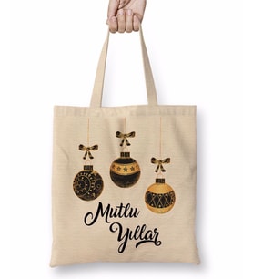 Mutlu Yıllar Noel Topları Bez Çanta Uzun Saplı