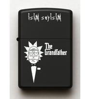 Rick The GrandFather Desenli Kişiye Özel İsimli Siyah Benzinli Metal Çakmak