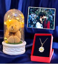 Size Özel Fotoğraflı Led Işıklı Peluş Ayıcıklı Fanus  Papatya Kolyeli  Doğum Günü Hediyesi