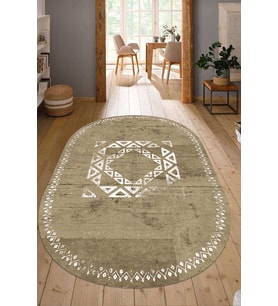 Dijital Baskılı Kaymaz Taban Yıkanabilir Oval Salon Halısı Mutfak Halısı Yolluk NDO-SD-1051 (Kahverengi)