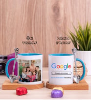 Mimara Hediye Google Tasarım Fotoğraflı Ahşap Altlıklı Mavi Kupa