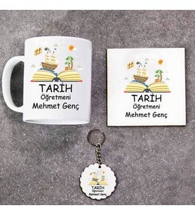 Tarih Öğretmeni Kupa Bardak Altlık ve Anahtarlık Hediye Seti (Model 1)