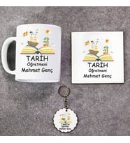 Tarih Öğretmeni Kupa Bardak Altlık ve Anahtarlık Hediye Seti (Model 1)