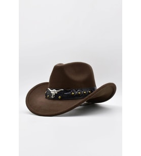 Deri Şeritli Boğa Figürlü Fötr Şapka Premium Classic Western Festival Beach Rave Hat