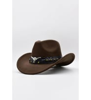 Deri Şeritli Boğa Figürlü Fötr Şapka Premium Classic Western Festival Beach Rave Hat