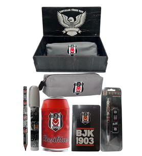 Beşiktaş Orjinal Lisanslı Kırmızı Kutu Kalemtraş Ahşap Kutulu 6'lı Kırtasiye Seti (Gri)