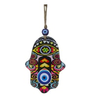 Renkli Cam Hamsa Eli Duvar Dekoru - Nazar Boncuklu Jüt İpli Süs 10x15 cm