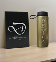 BK Gift Kişiye Özel İsimli Siyah Defter ve Gold Cam Matara Hediye Seti-2, Sevgiliye Hediye, Arkadaşa Hediye, Yeni İş Hediyesi