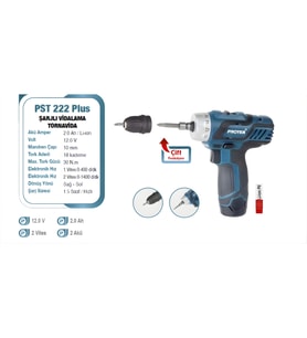 Proter PST 222 Plus 12 V 2.0 Ah Li-ion Pil 2 Vts Şarjlı Tornavida P1EA110